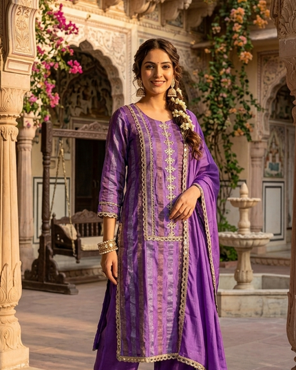 He and She Women’s Purple Ethnic Palazzo Set with Dupatta | Elegant Kurta Palazzo Suit Set
