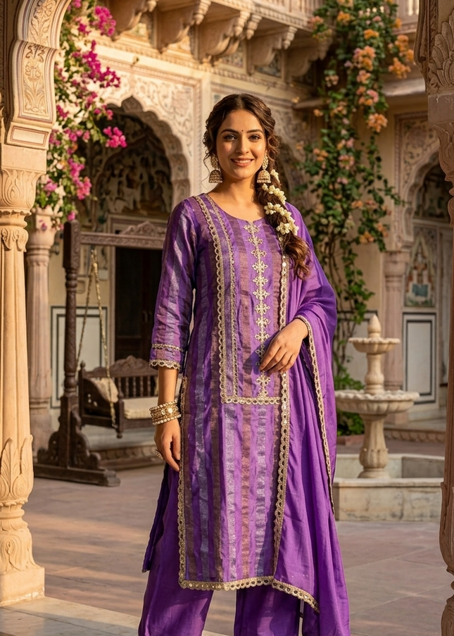 He and She Women’s Purple Ethnic Palazzo Set with Dupatta | Elegant Kurta Palazzo Suit Set