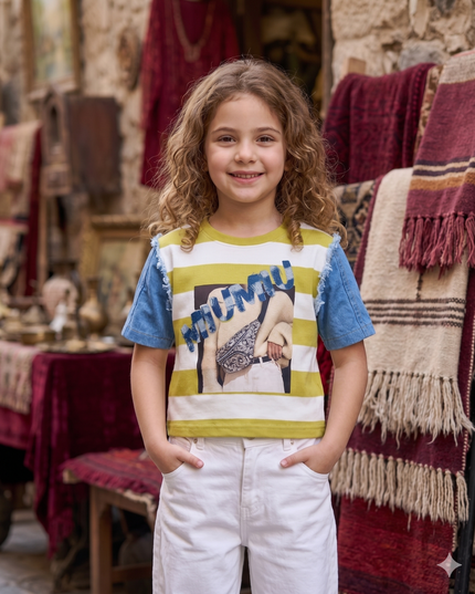 He & She Girls Yellow Striped Graphic Crop Top – Trendy Cotton Summer Kidswear