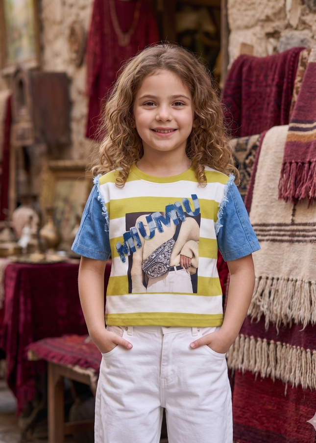 He & She Girls Yellow Striped Graphic Crop Top – Trendy Cotton Summer Kidswear