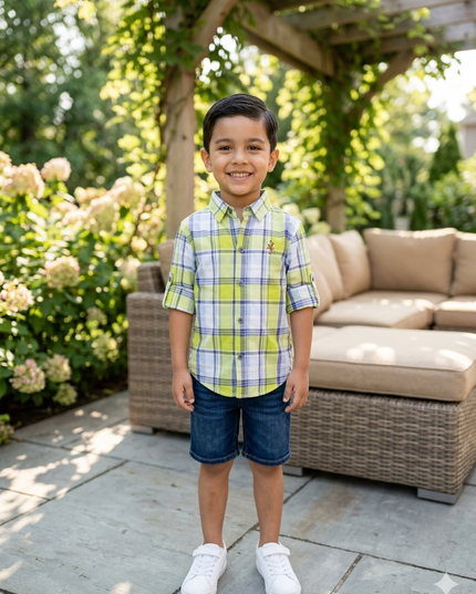 Boys Green Checkered Shirt – Casual Cotton Half Sleeve Kids Shirt |