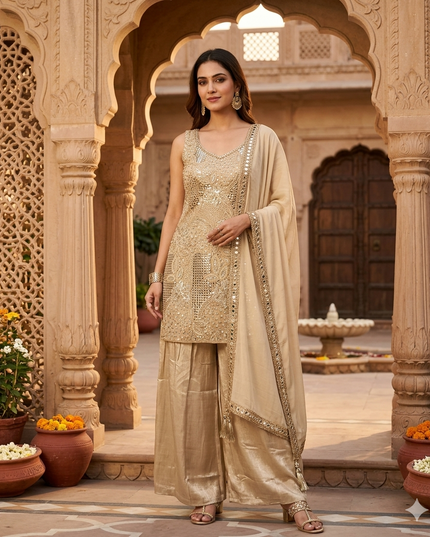 He and She Women’s fawn Embroidered Palazzo Set with Dupatta | Festive & Wedding Wear Kurta Set