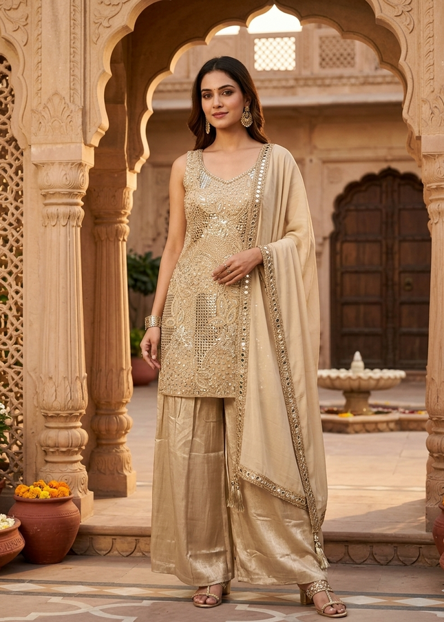 He and She Women’s fawn Embroidered Palazzo Set with Dupatta | Festive & Wedding Wear Kurta Set