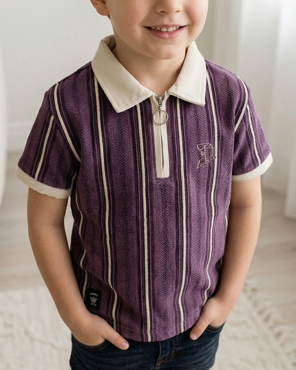 Boys Purple Striped Polo T-Shirt with Zip | Stylish Kids Casual Tee | He & She