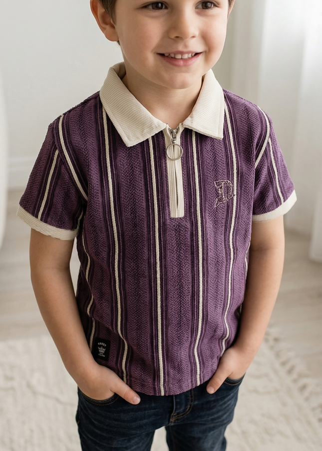 Boys Purple Striped Polo T-Shirt with Zip | Stylish Kids Casual Tee | He & She