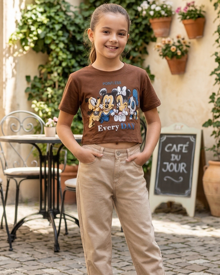 Girls Brown Cartoon Printed T-Shirt | Cute Graphic Tee for Kids | He & She