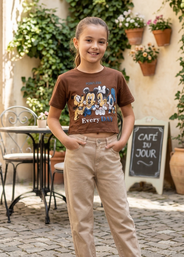 Girls Brown Cartoon Printed T-Shirt | Cute Graphic Tee for Kids | He & She