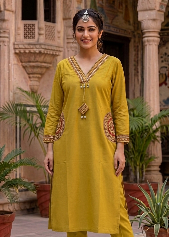 Mustard Ethnic Kurti Pant Set for Women | Elegant Traditional Wear by He & She