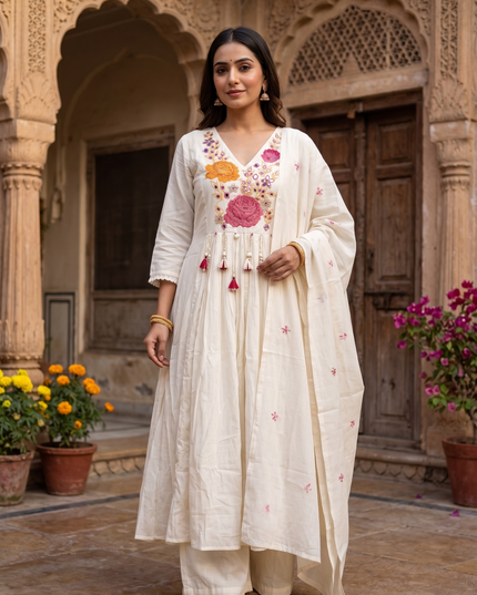 Women’s Ivory Floral Embroidered Anarkali Kurti Set with Dupatta