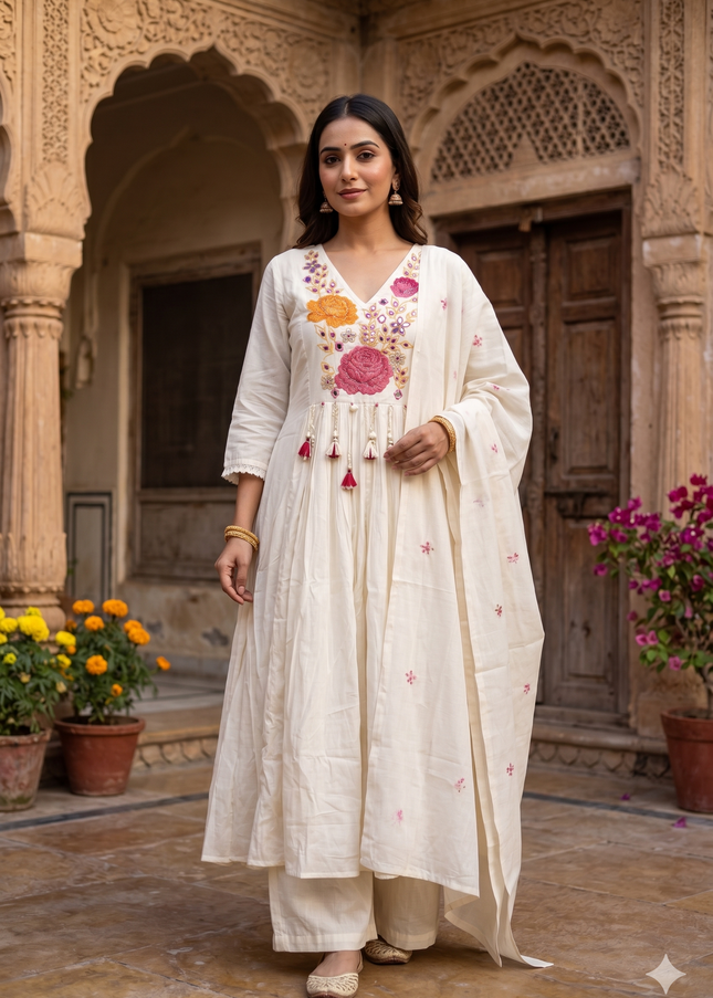 Women’s Ivory Floral Embroidered Anarkali Kurti Set with Dupatta