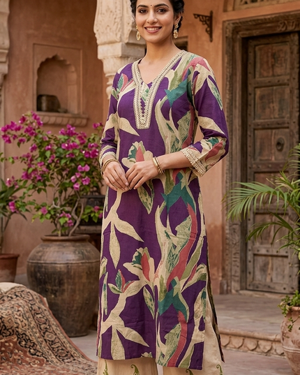 Women Purple Printed Kurti with Cream Palazzo Set | Elegant Ethnic Wear by He & She