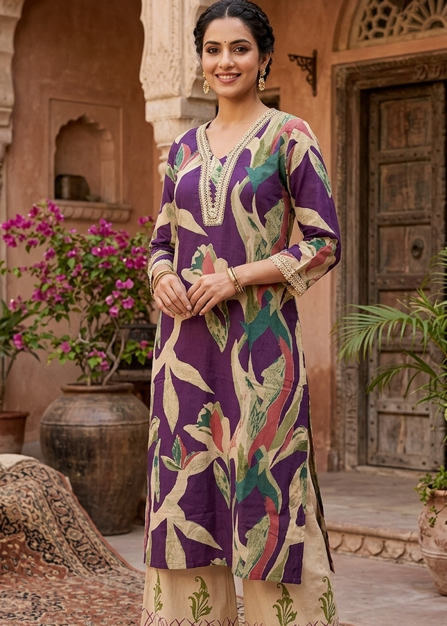 Women Purple Printed Kurti with Cream Palazzo Set | Elegant Ethnic Wear by He & She