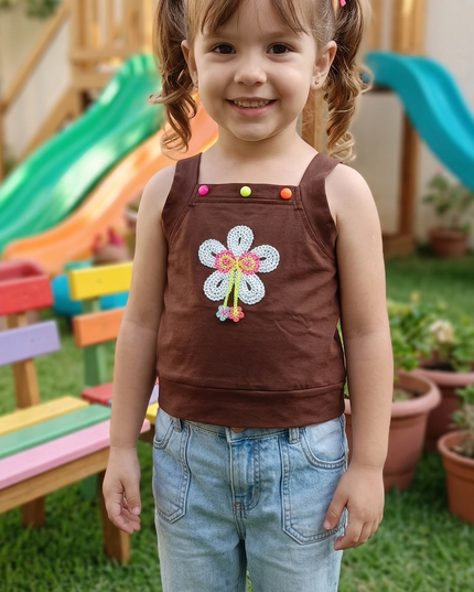 Girls Brown Floral Embroidered Sleeveless Crop Top with Button Detail