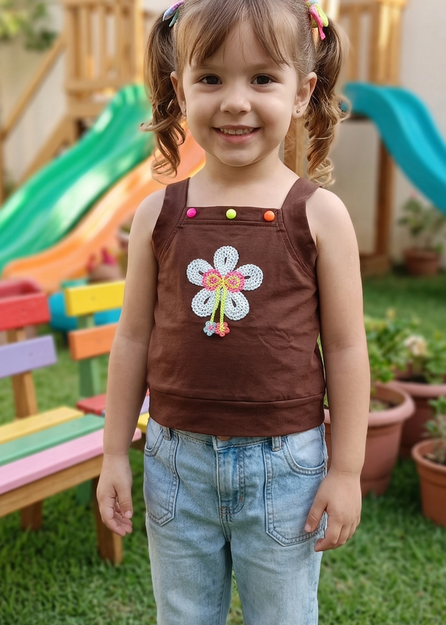 Girls Brown Floral Embroidered Sleeveless Crop Top with Button Detail