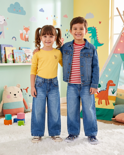 He And She Unisex Kids Wide Leg Denim Jeans | Stylish Relaxed Fit Casual Jeans