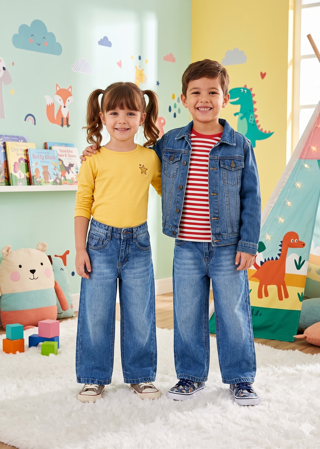 He And She Unisex Kids Wide Leg Denim Jeans | Stylish Relaxed Fit Casual Jeans
