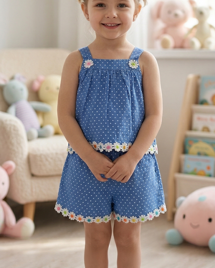 Girls Blue Polka Dot Top & Shorts Set | Cute Summer Co-Ord Outfit for Kids | He & She