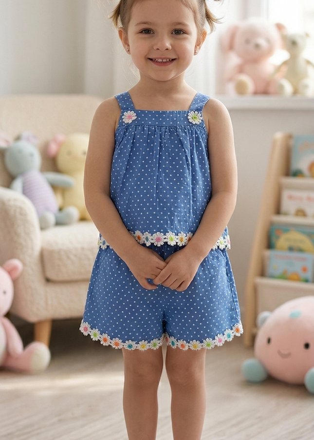 Girls Blue Polka Dot Top & Shorts Set | Cute Summer Co-Ord Outfit for Kids | He & She
