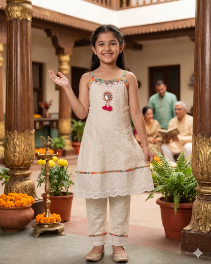 Girls Cream Ethnic Kurta Set with Pants – Festive Wear Outfit | He & She