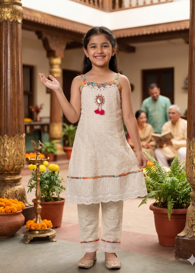 Girls Cream Ethnic Kurta Set with Pants – Festive Wear Outfit | He & She