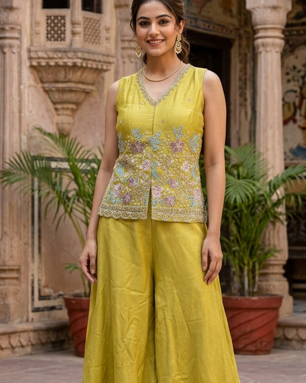 Women Yellow Embroidered Kurti with Palazzo Set | Festive & Ethnic Wear | He & She
