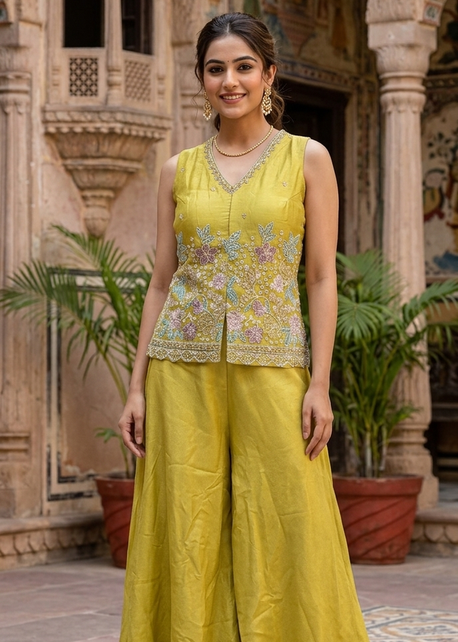 Women Yellow Embroidered Kurti with Palazzo Set | Festive & Ethnic Wear | He & She