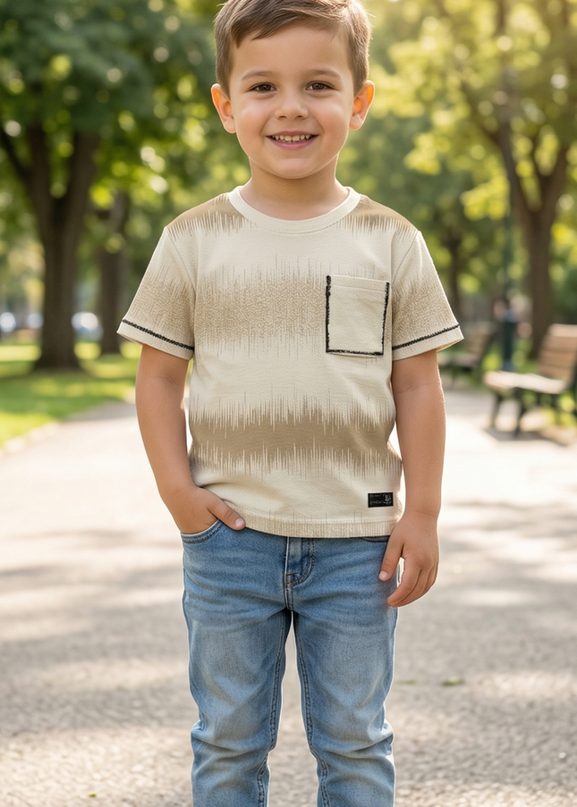 Boys Beige Textured T-Shirt with Pocket | Casual Kids Cotton Half Sleeve Tee | He & She