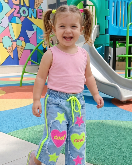 Girls Denim Jeans with Neon Heart & Star Patches | Stylish Kids Casual Wear