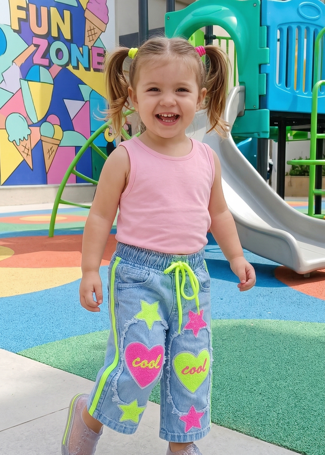 Girls Denim Jeans with Neon Heart & Star Patches | Stylish Kids Casual Wear