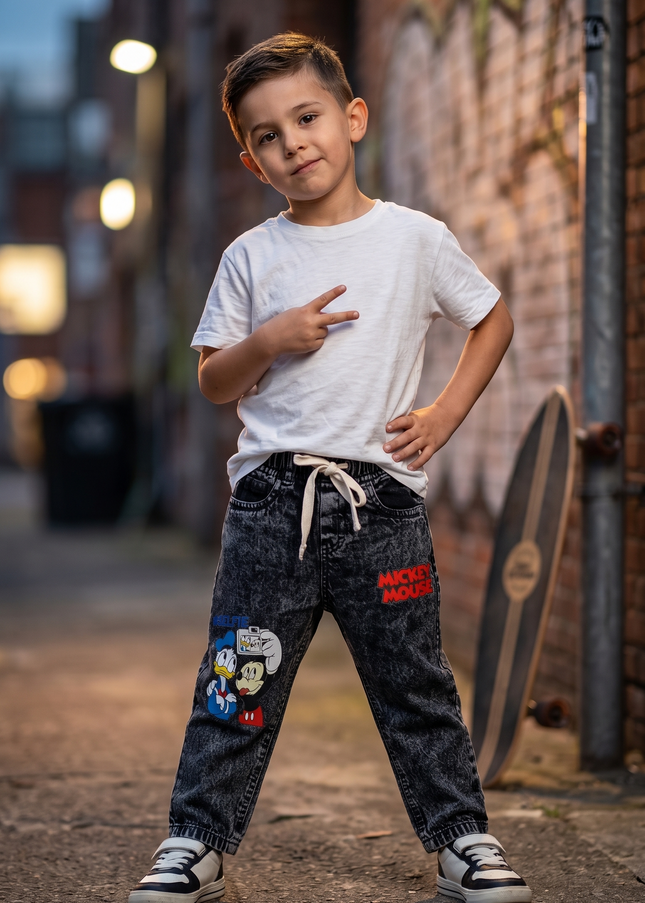 BOYS JEANS CODE-B52 He & She Boys Cartoon Print Denim Jeans | Elastic Waist Casual Kids Jeans | Grey Wash