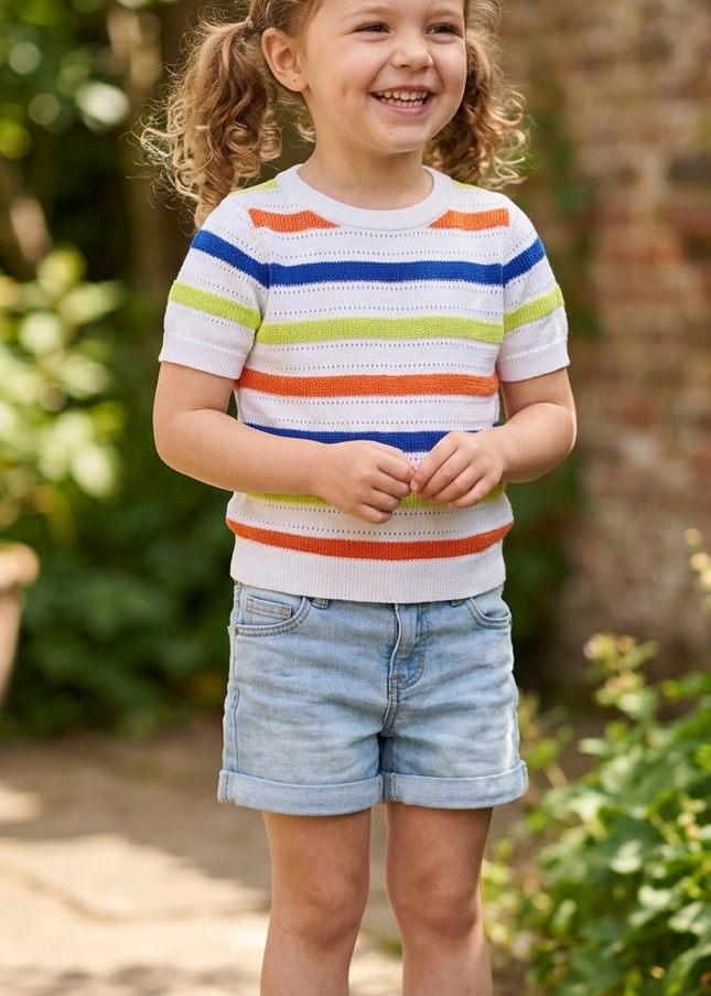 Girls White Multicolor Striped Knit Top | Soft Summer Kidswear by He & She