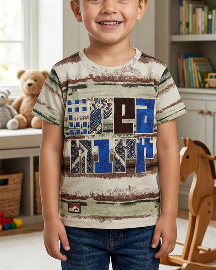 Boys Cream Graphic Print T-Shirt | Stylish Kids Casual Cotton Tee | He & She