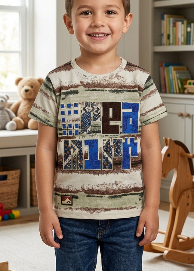 Boys Cream Graphic Print T-Shirt | Stylish Kids Casual Cotton Tee | He & She