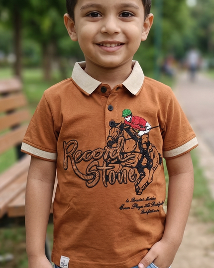 Boys Brown Polo T-Shirt with Horse Rider Print | Casual Kids Cotton T-Shirt | He & She