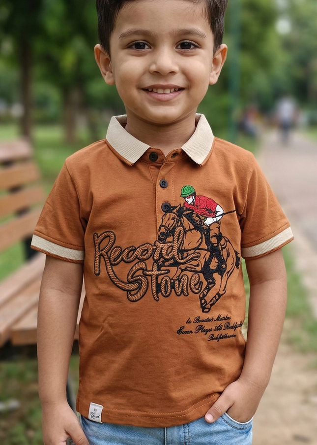 Boys Brown Polo T-Shirt with Horse Rider Print | Casual Kids Cotton T-Shirt | He & She