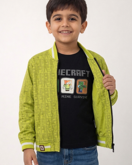 Boys Green Printed Jacket with Black T-Shirt Set | 2-Piece Kids Outfit by He & She
