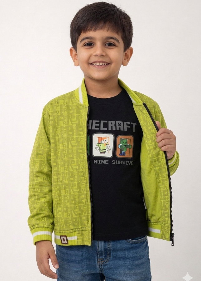Boys Green Printed Jacket with Black T-Shirt Set | 2-Piece Kids Outfit by He & She