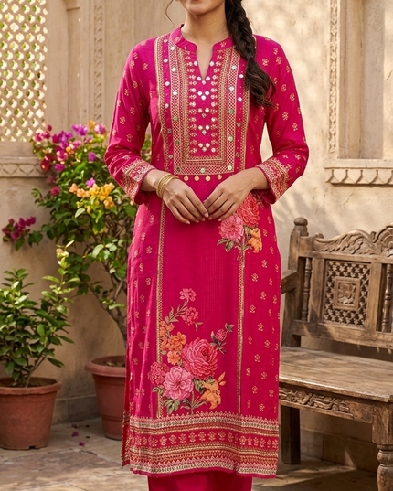 He & She Women’s Pink Embroidered Kurti Pant Set – Floral Ethnic Wear for Festive & Daily Use