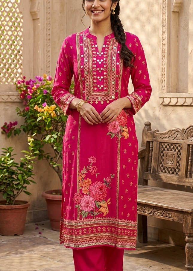 He & She Women’s Pink Embroidered Kurti Pant Set – Floral Ethnic Wear for Festive & Daily Use