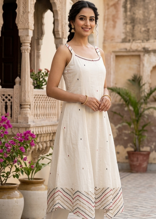 Women Off-White Cotton Kurti Pant Set | Elegant Ethnic Wear by He & She