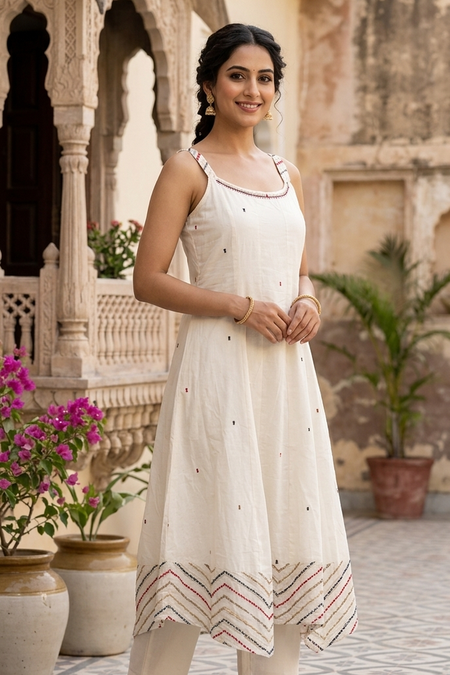 Women Off-White Cotton Kurti Pant Set | Elegant Ethnic Wear by He & She