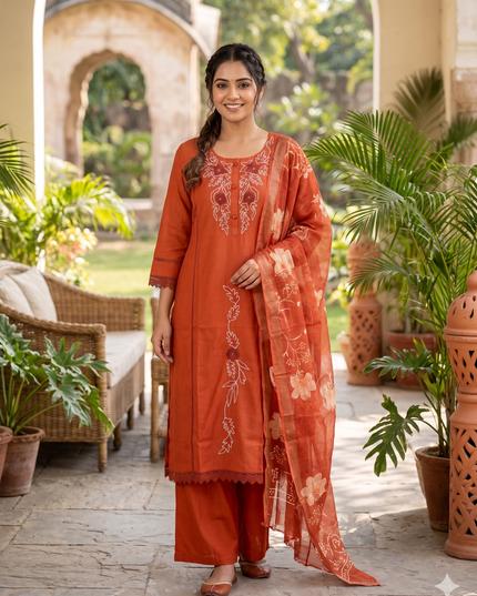 He and She Women’s Rust Orange Embroidered Palazzo Set with Dupatta
