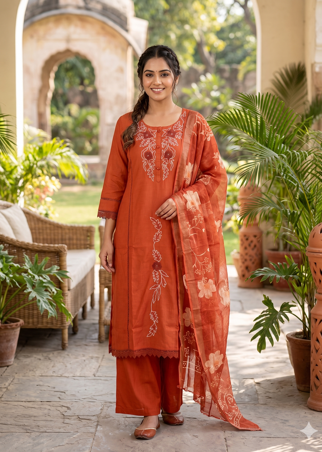 He and She Women’s Rust Orange Embroidered Palazzo Set with Dupatta