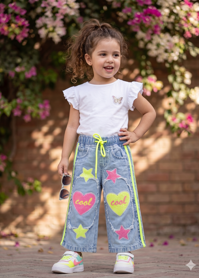 He & She Girls Wide Leg Denim Jeans with Heart & Star Patch Design | Kids Fashion Jeans