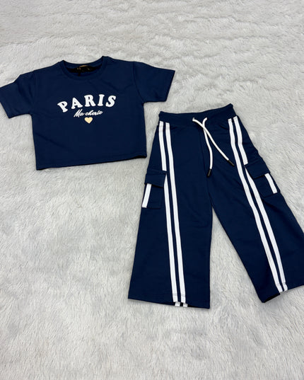 Girls Stylish Navy Blue Cord Set for Kids | Trendy Co-Ord Outfit by He And She