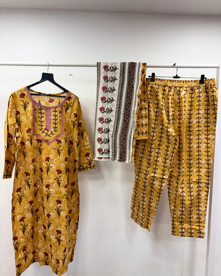 He & She Women’s Mustard Yellow Floral Printed Kurti Pant Dupatta Set