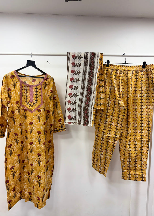 He & She Women’s Mustard Yellow Floral Printed Kurti Pant Dupatta Set