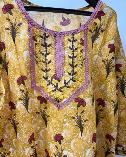 He & She Women’s Mustard Yellow Floral Printed Kurti Pant Dupatta Set