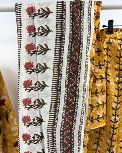 He & She Women’s Mustard Yellow Floral Printed Kurti Pant Dupatta Set