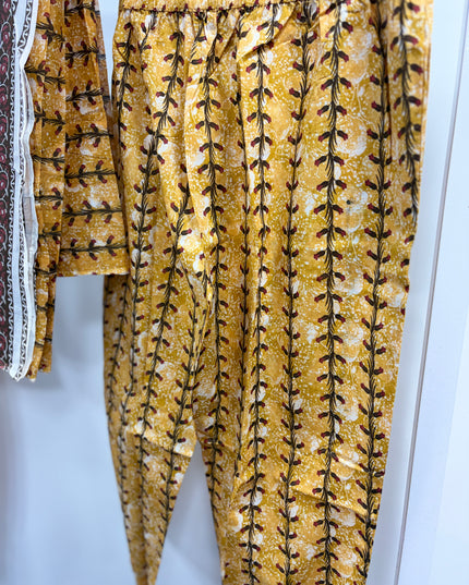 He & She Women’s Mustard Yellow Floral Printed Kurti Pant Dupatta Set
